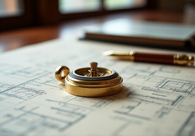 Close up of architectural blueprints and a golden compass